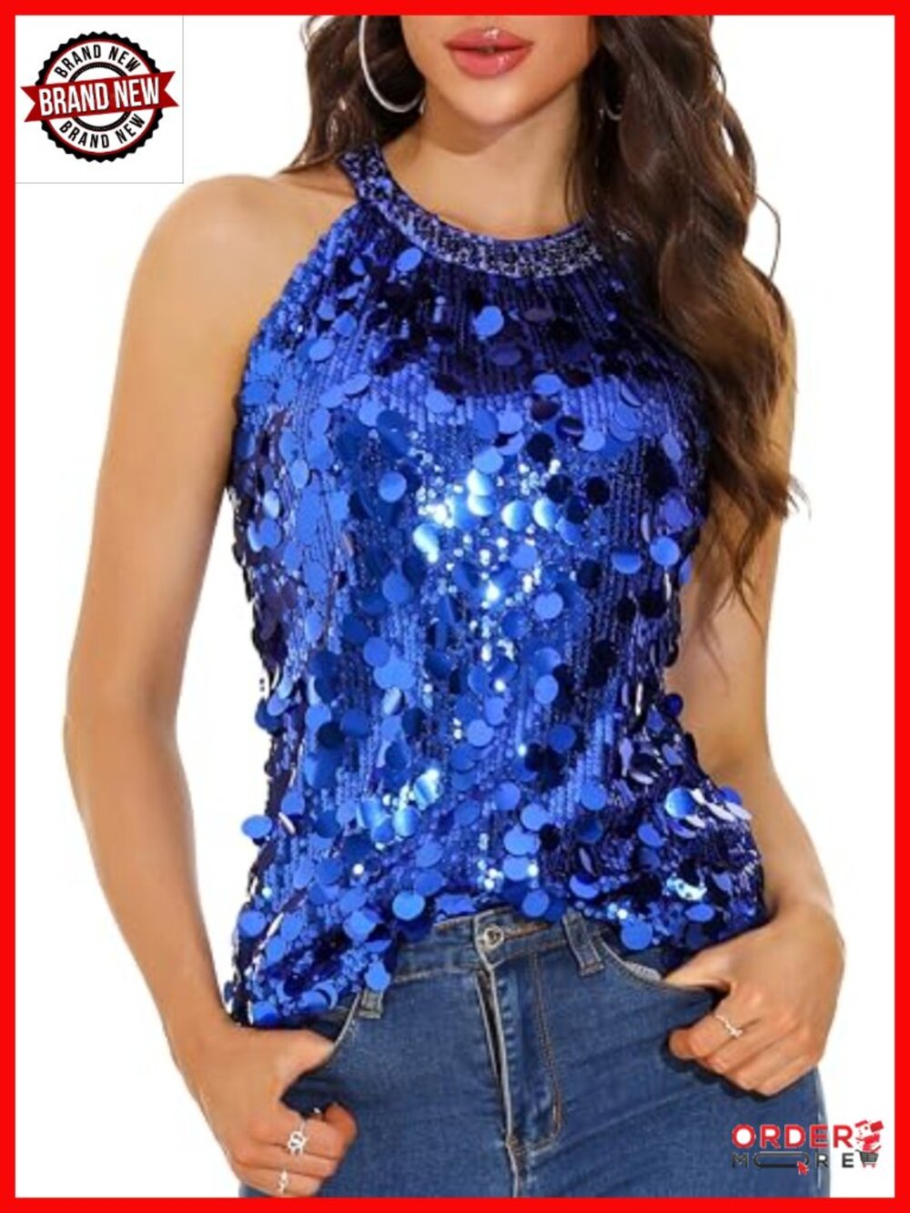 Halter Sequin Tank Top Sleeveless Sparkly Shiny Party Blouse